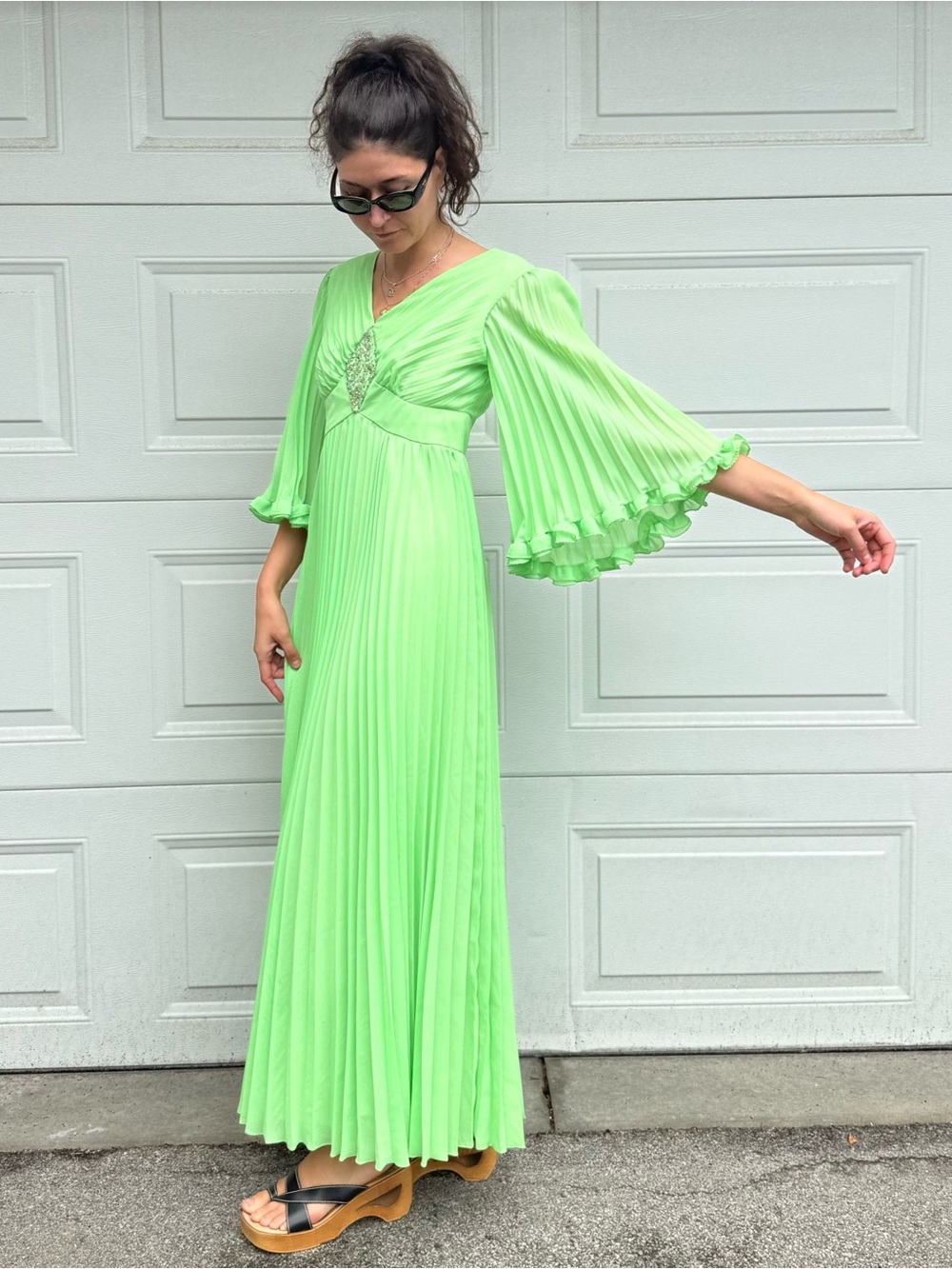 Vintage Crystal Pleated V‑Neck Maxi Dress Bright Green Bell Sleeves Rhinestones - Picture 7 of 10